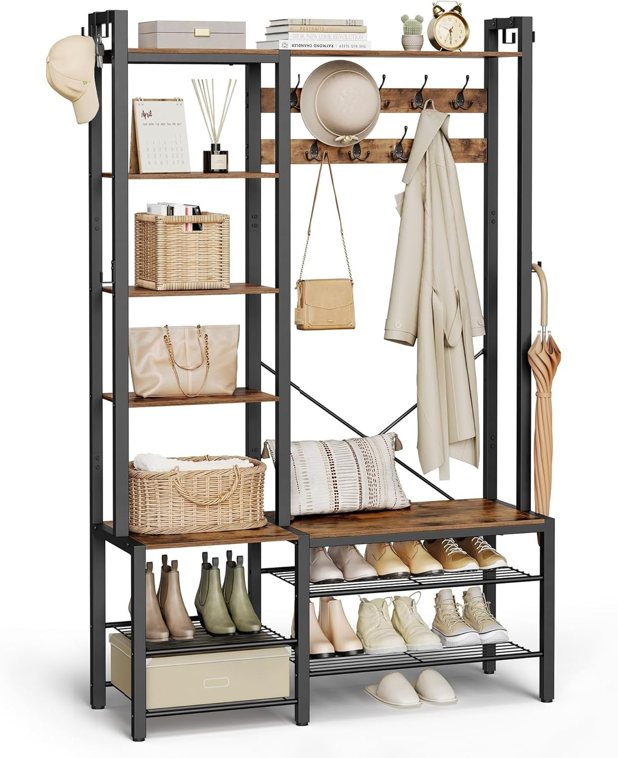 Entryway Hall Tree with Shoe Bench & Storage Hooks | 120x40x190cm