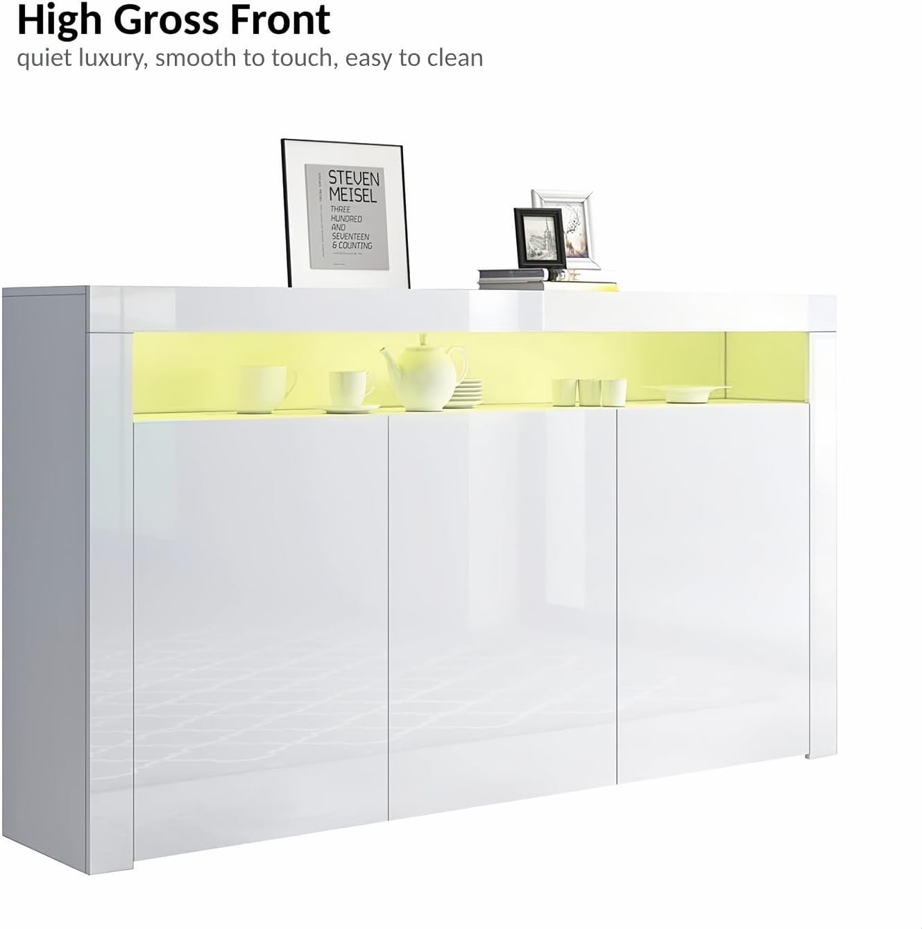 Modern LED Sideboard Cabinet 3 Doors + Open Shelf Storage White 152cm