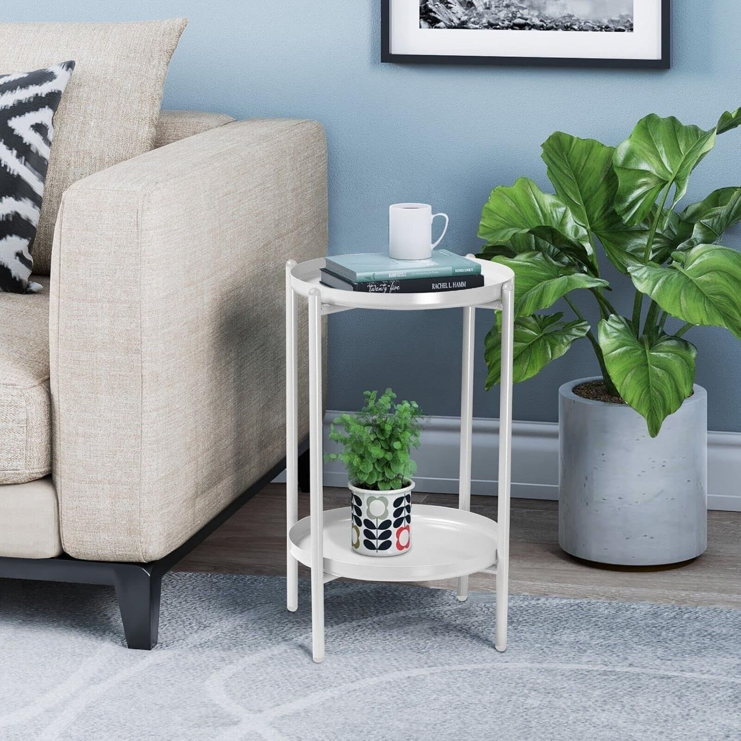2-Tier Round Metal Side Table 50cm High – Sturdy Shelf, Multi-Room Use White