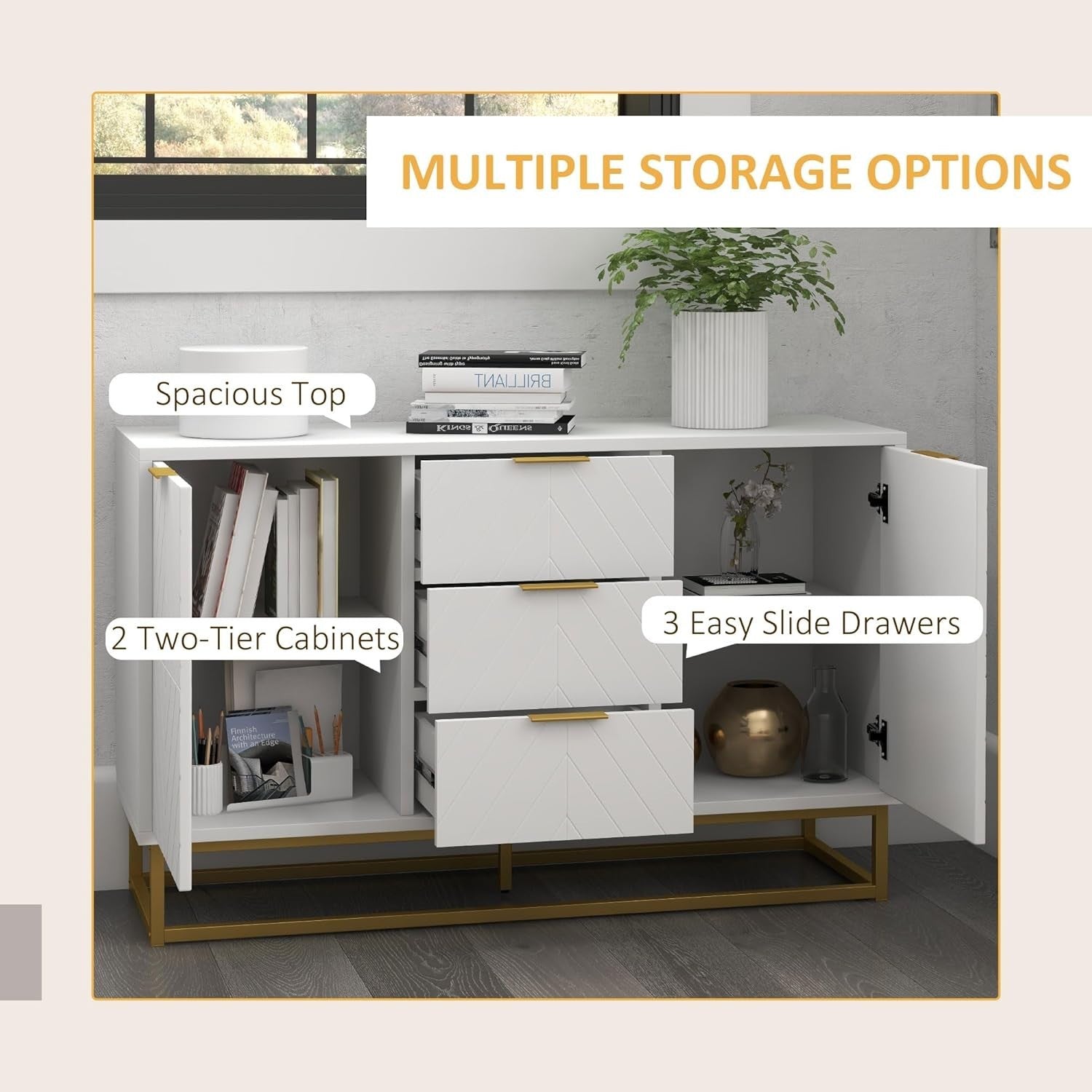 Modern White Sideboard Cabinet 3 Drawers Storage Gold Legs Adjustable