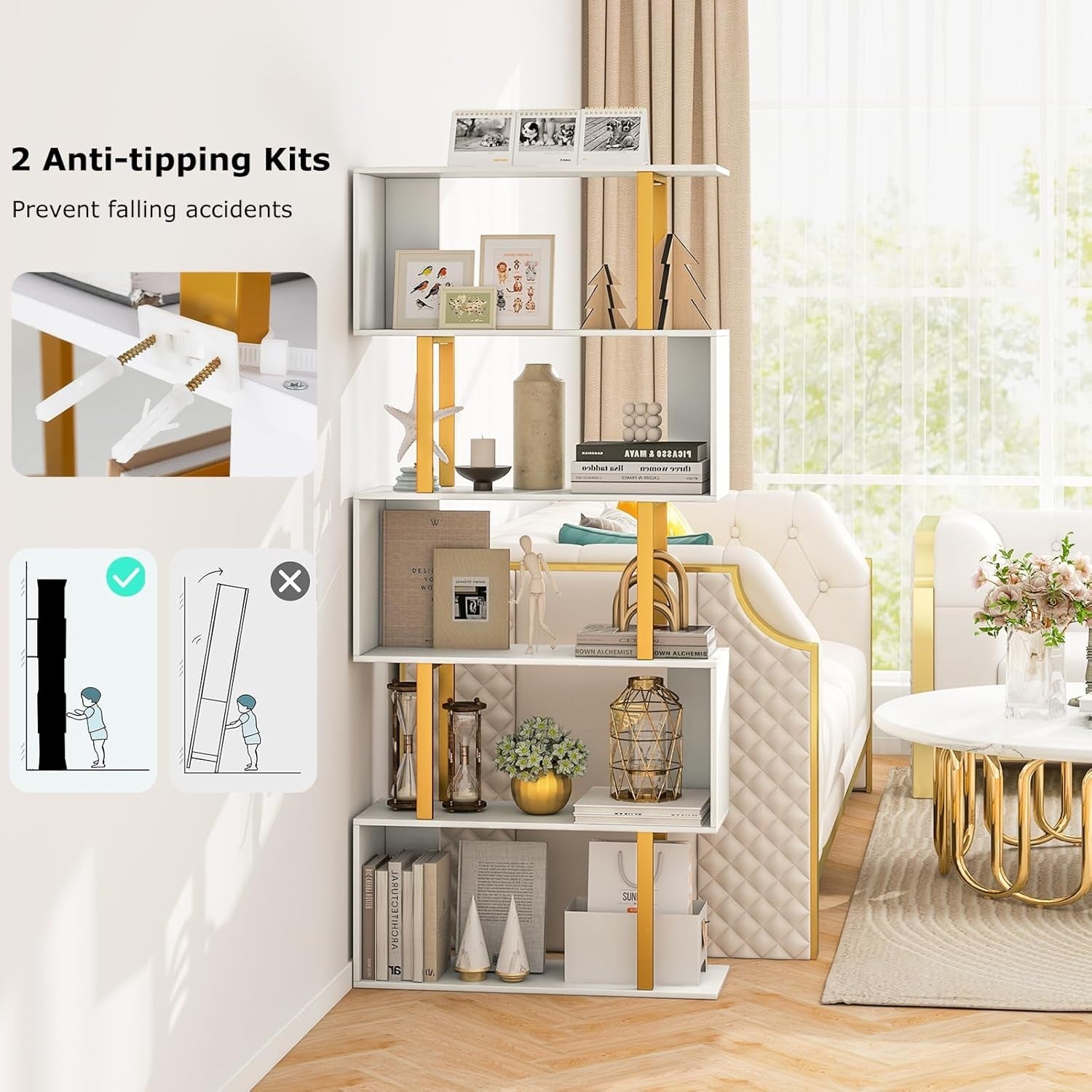5-Tier S-Shaped Geometric Bookcase Modern Display Shelf for Living Room Office