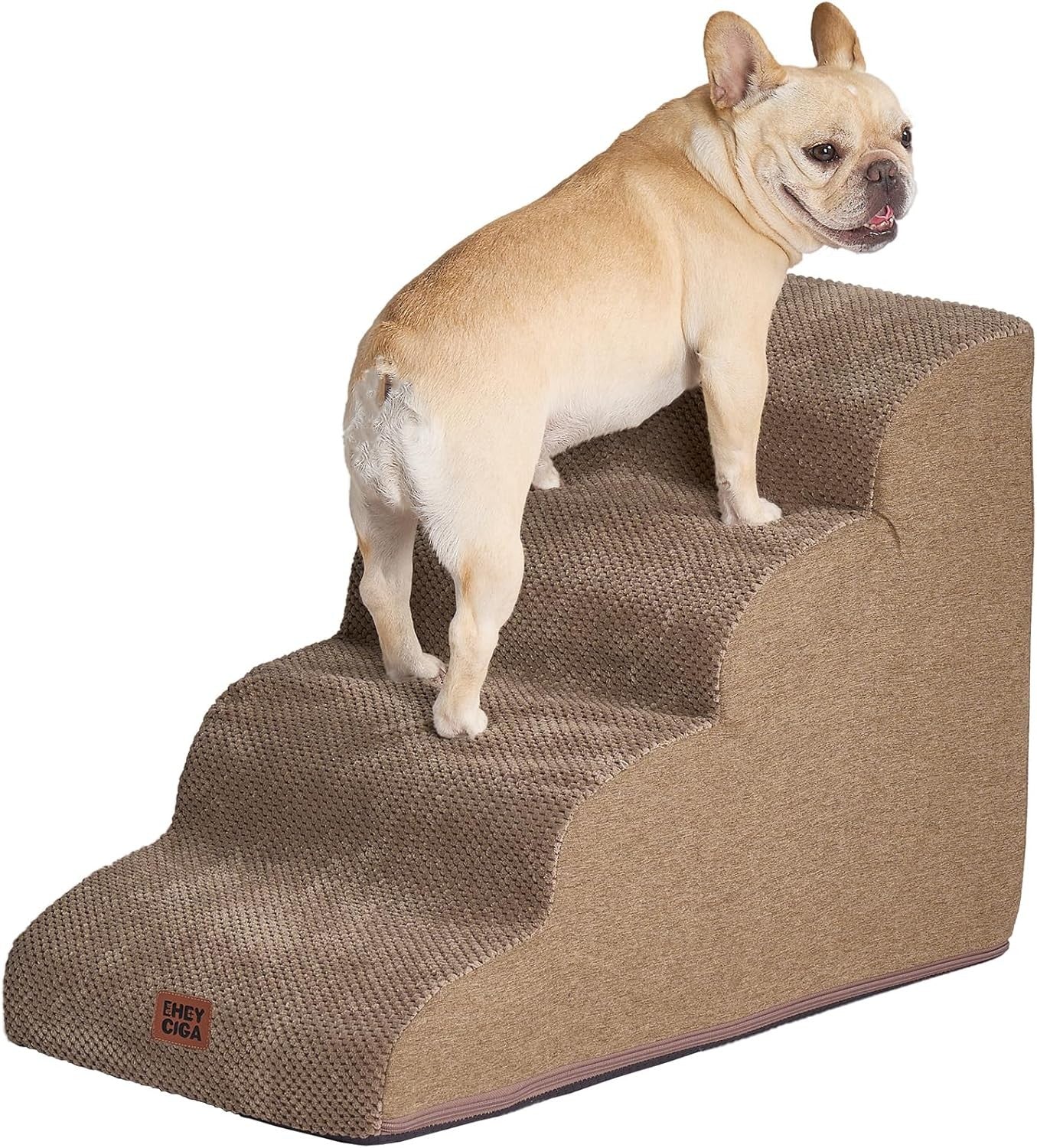 4 Step Dog Stairs for High Bed Non Slip Foam Pet Steps Washable Camel