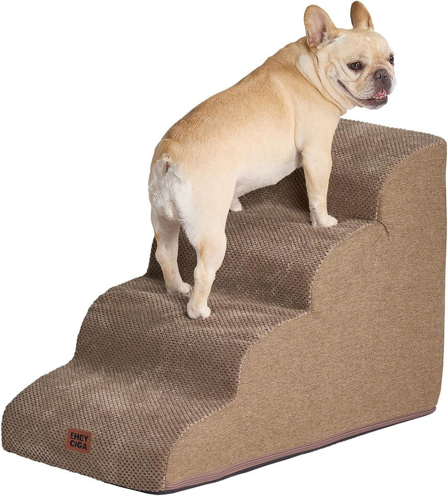 4 Step Dog Stairs for High Bed Non Slip Foam Pet Steps Washable Camel