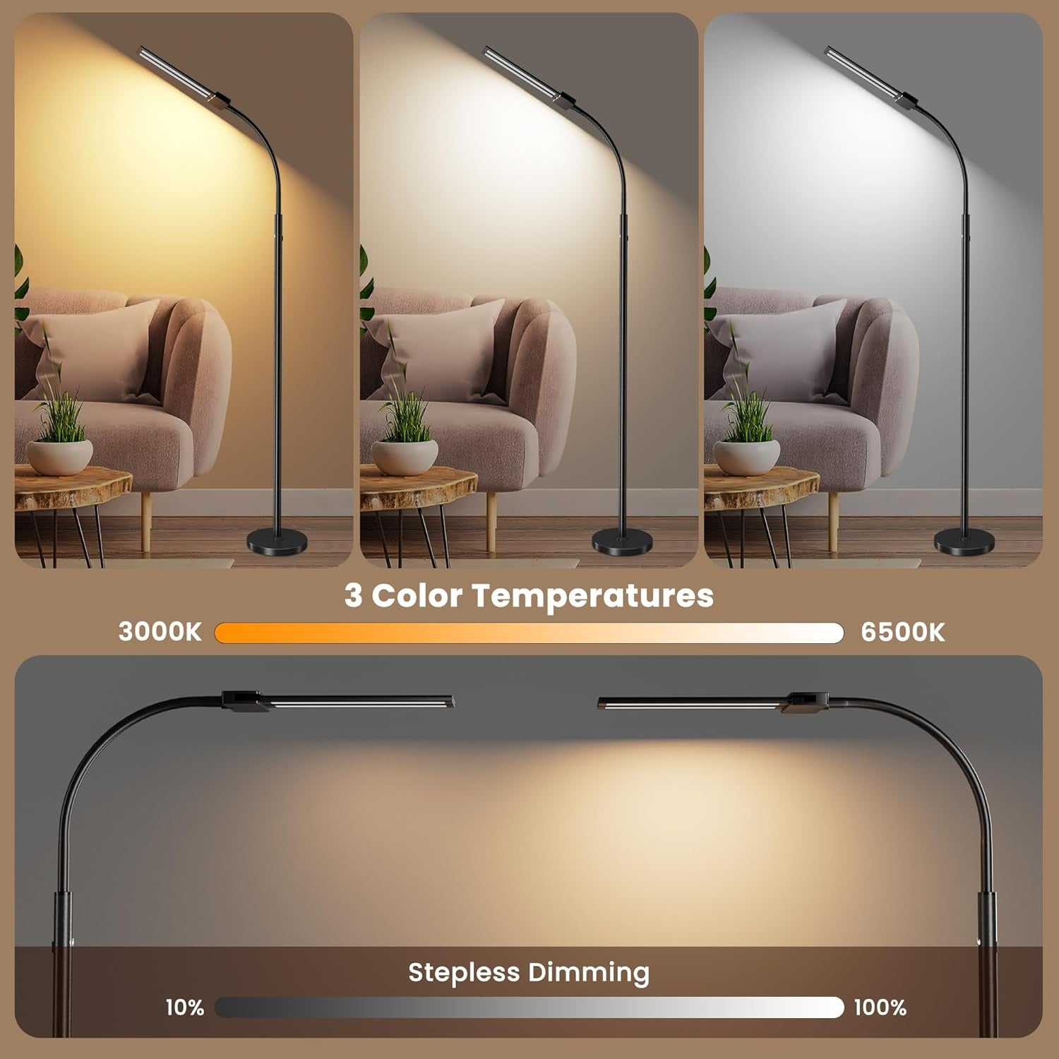 Cordless LED Floor Lamp Black Rechargeable Dual Head Dimmable Reading Light