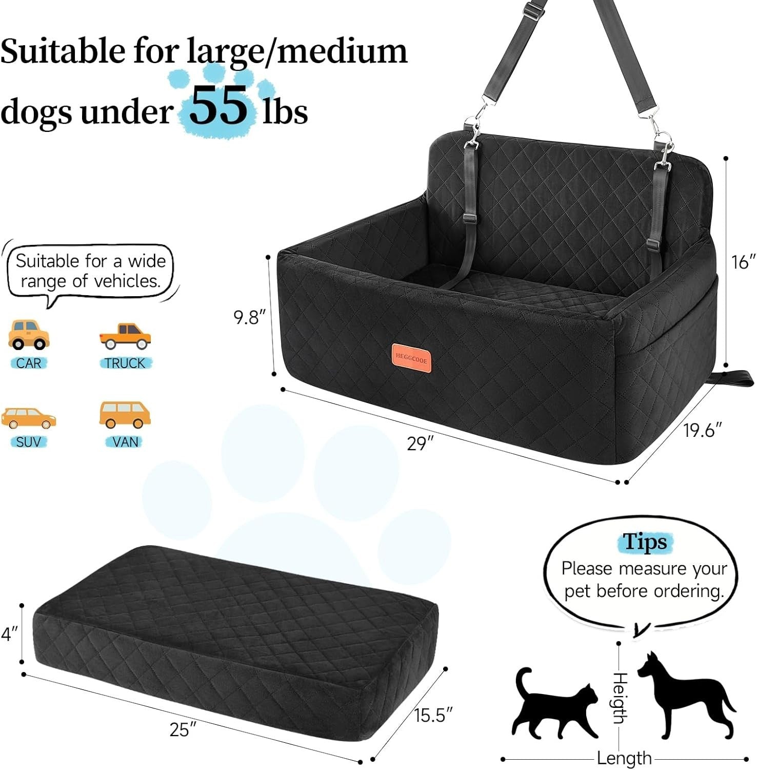 Large Dog Booster Car Seat Washable Travel Bed 55lb Black Backseat