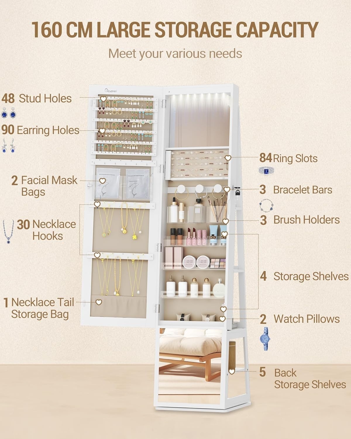 360° Rotating Mirror Jewellery Cabinet Lockable LED Storage Organizer