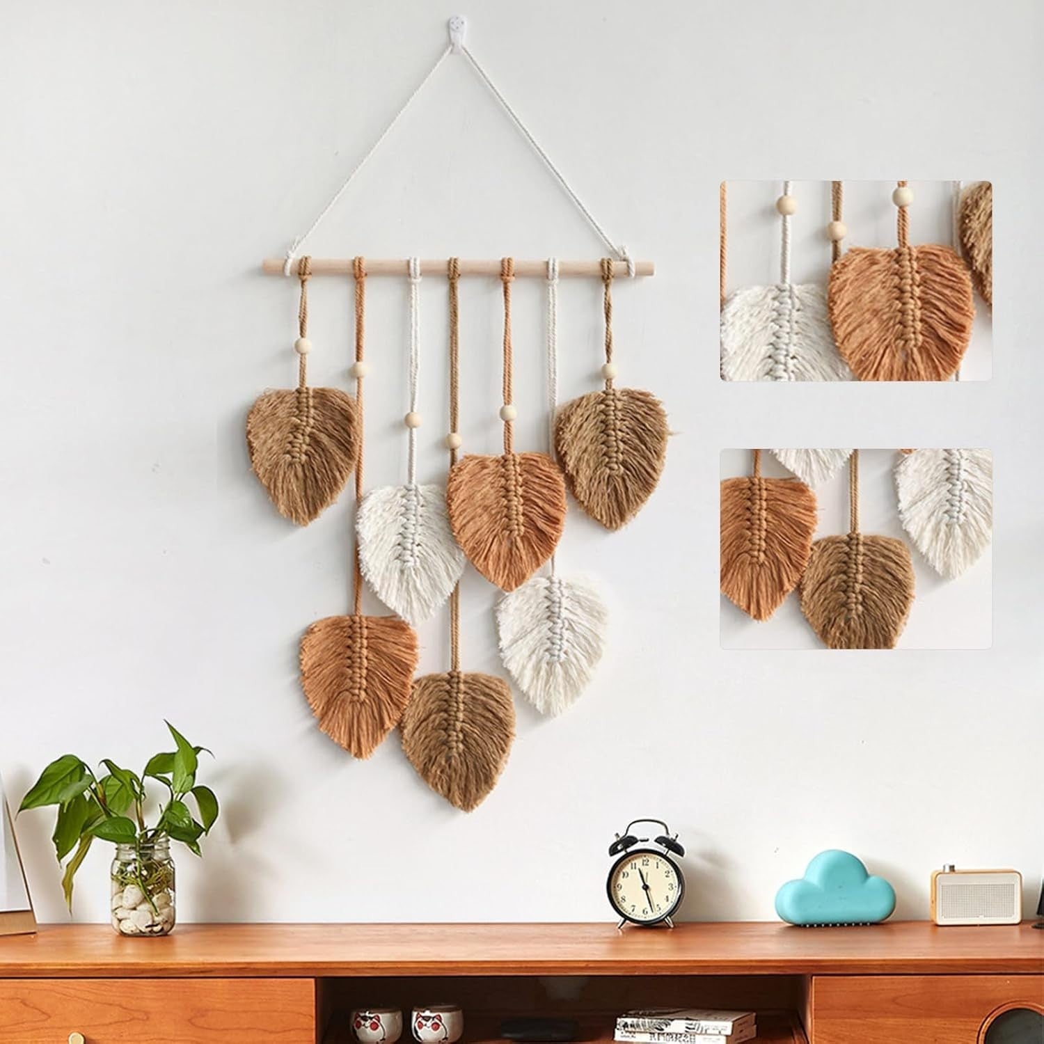 Khaki Boho Macrame Leaf Wall Hanging 40x80cm Cotton Tapestry