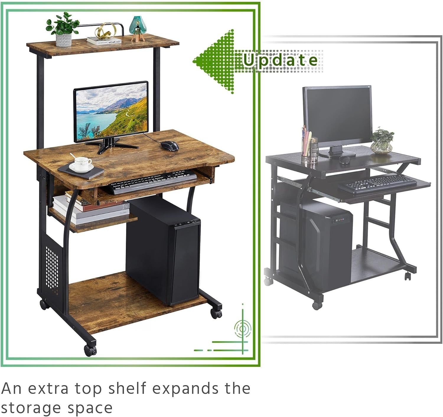 3 Tier Computer Desk with Printer Shelf Keyboard Tray Rolling Home