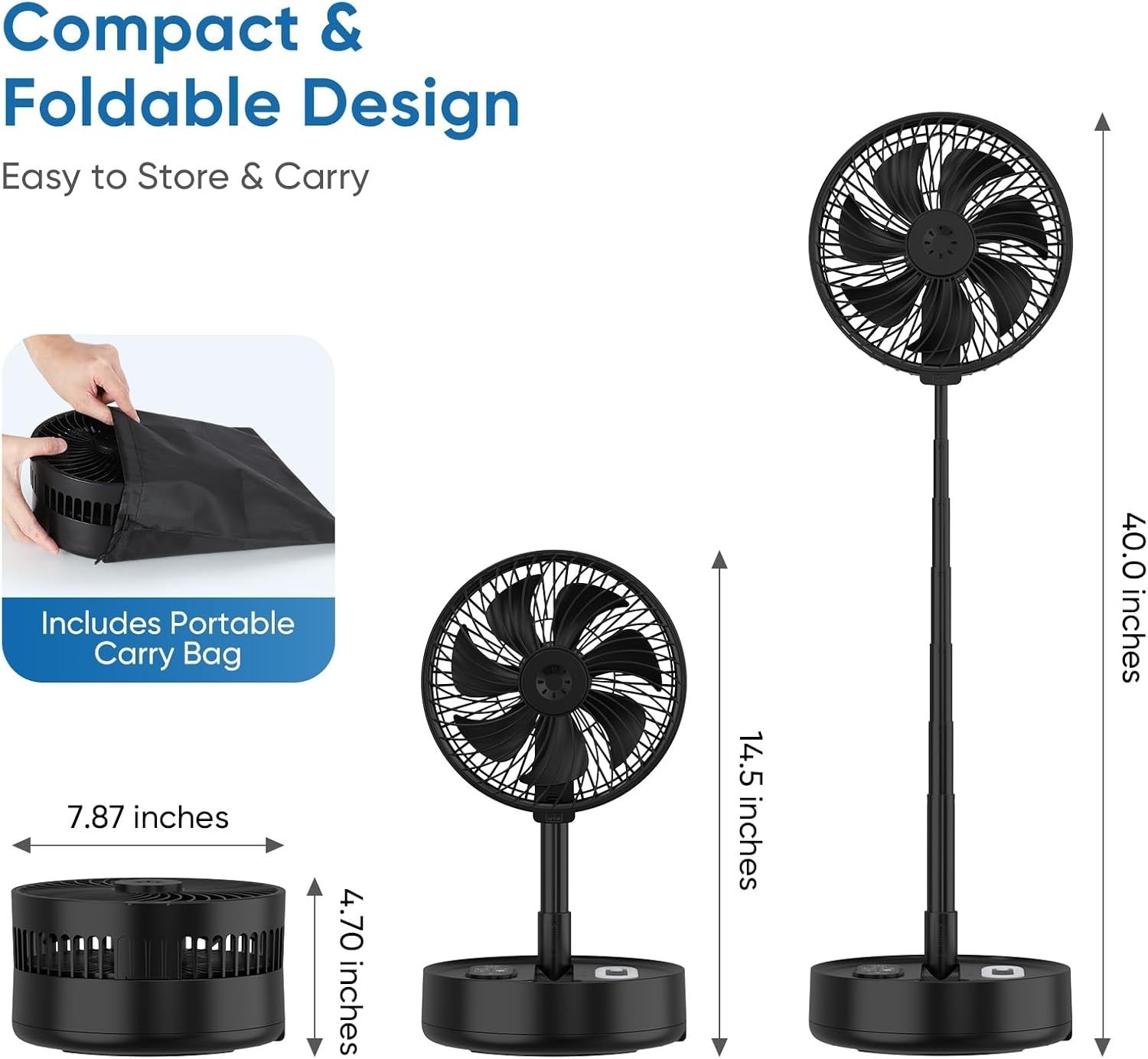 Foldable Fan – 4 Speed Telescopic Rechargeable w Remote LED Light Quiet Fan 30dB