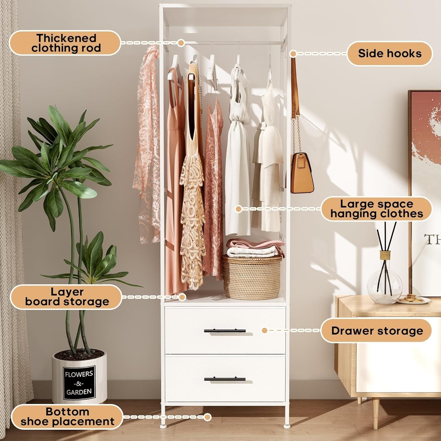 Open Wardrobe Clothes Rail 2 Drawers with Hooks White