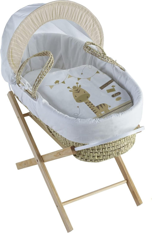 Grey Wicker Moses Basket with Rocking Stand & Mattress Baby Bed Crib Zoo Time