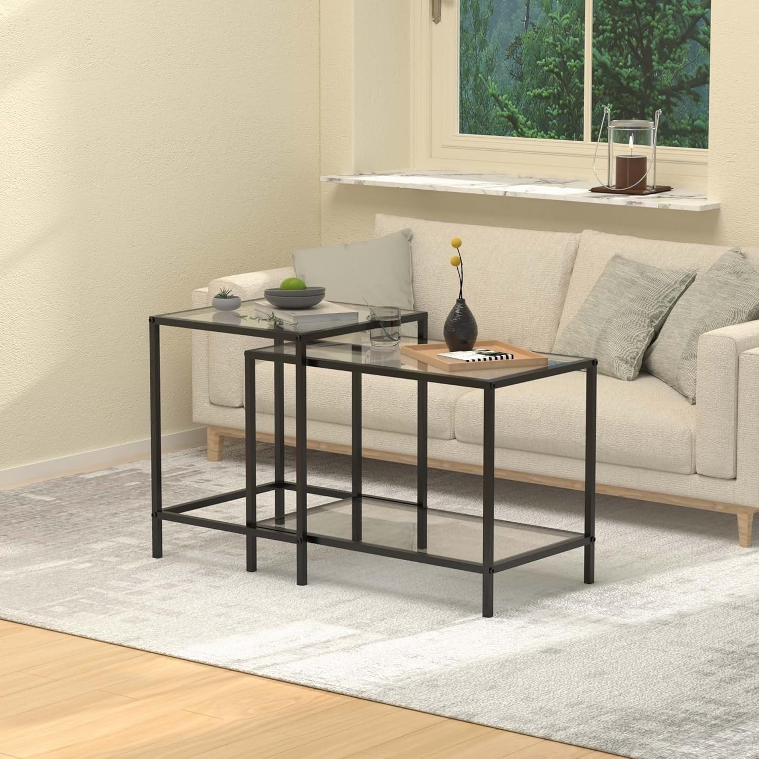 Modern Nesting Coffee End Table Set Glass Top Black Iron Frame Rectangular