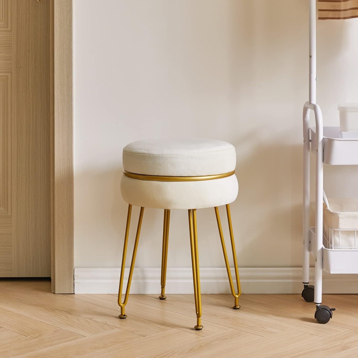 Cream Velvet Round Footstool with Gold Legs – Modern Vanity Stool Seat