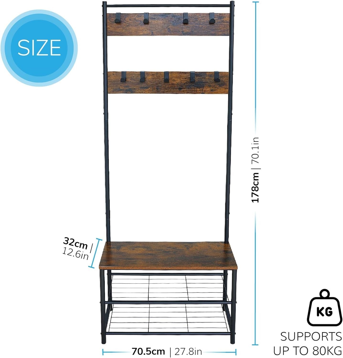 Rustic Brown Coat Rack with Shoe Storage | Industrial Freestanding Hall Tree