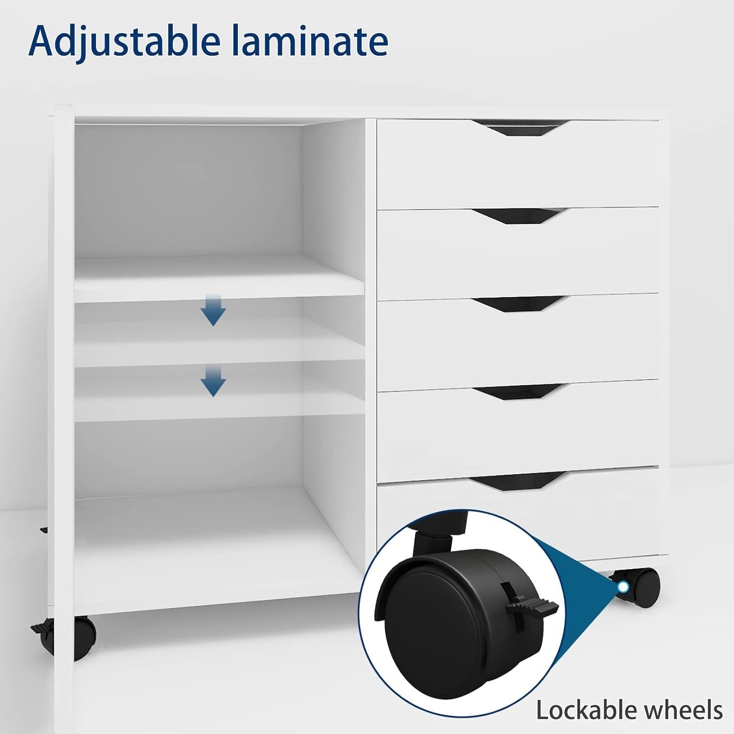 White Mobile 5 Drawer File Cabinet with Door Rolling Printer Stand