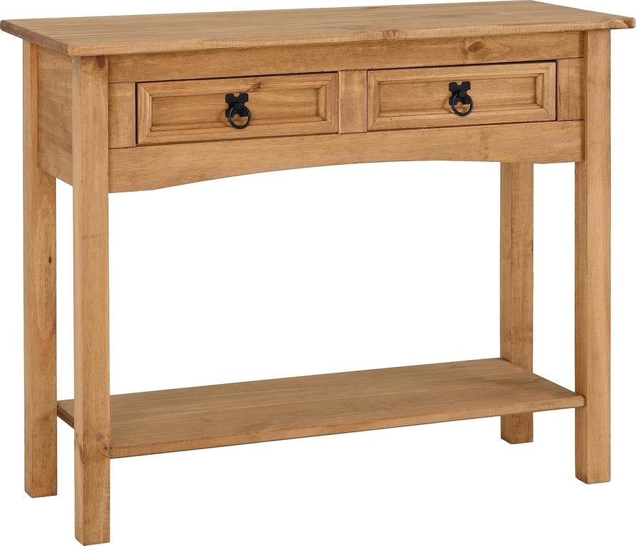 Rustic 2 Drawer Console Table with Shelf – Narrow Pine Hallway Storage