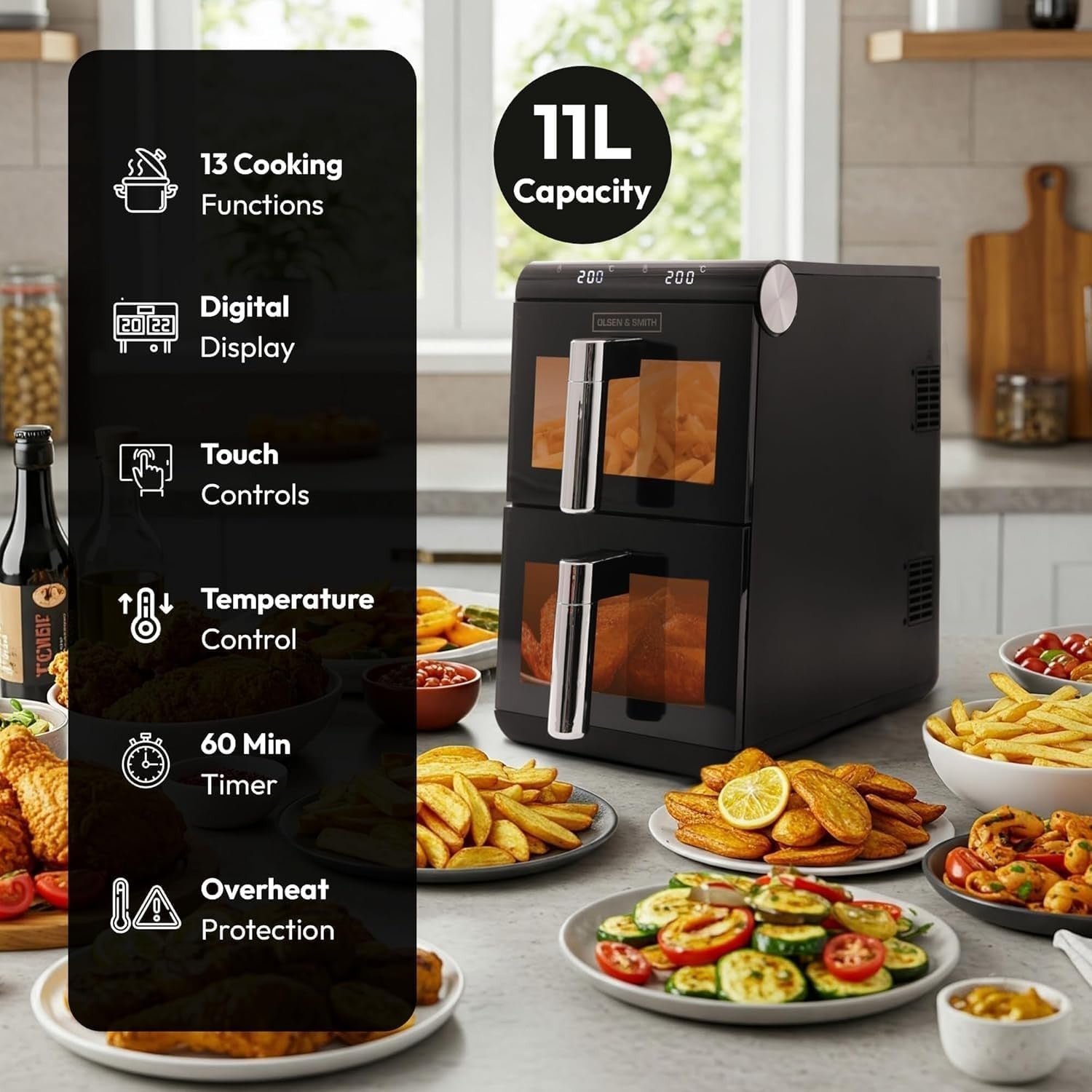 11L Vertical Dual Zone Air Fryer | Space-Saving Stack Design | 13 Presets