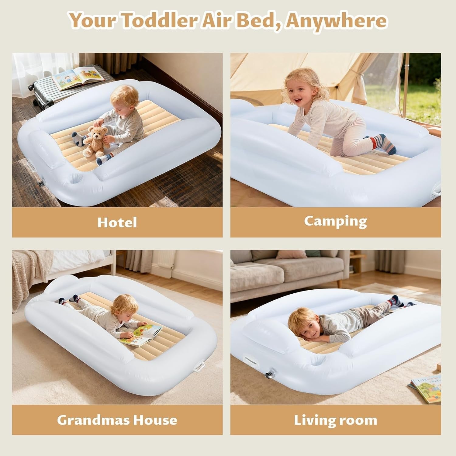 Inflatable Toddler Travel Bed with 4-Sided Safety Bumpers, 63" Portable