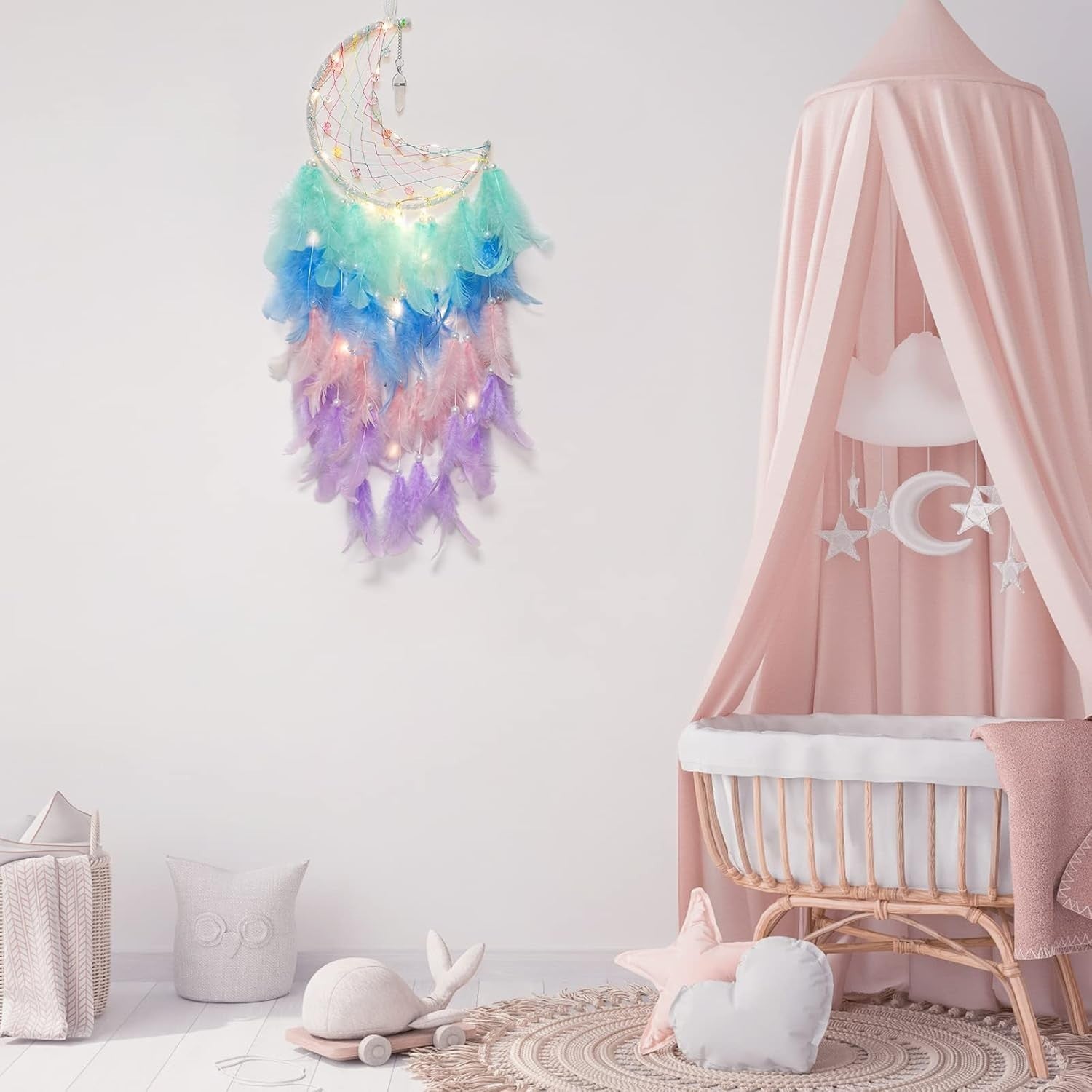 Boho Moon Dream Catcher Rainbow Feathers Fairy Lights Wall Decor