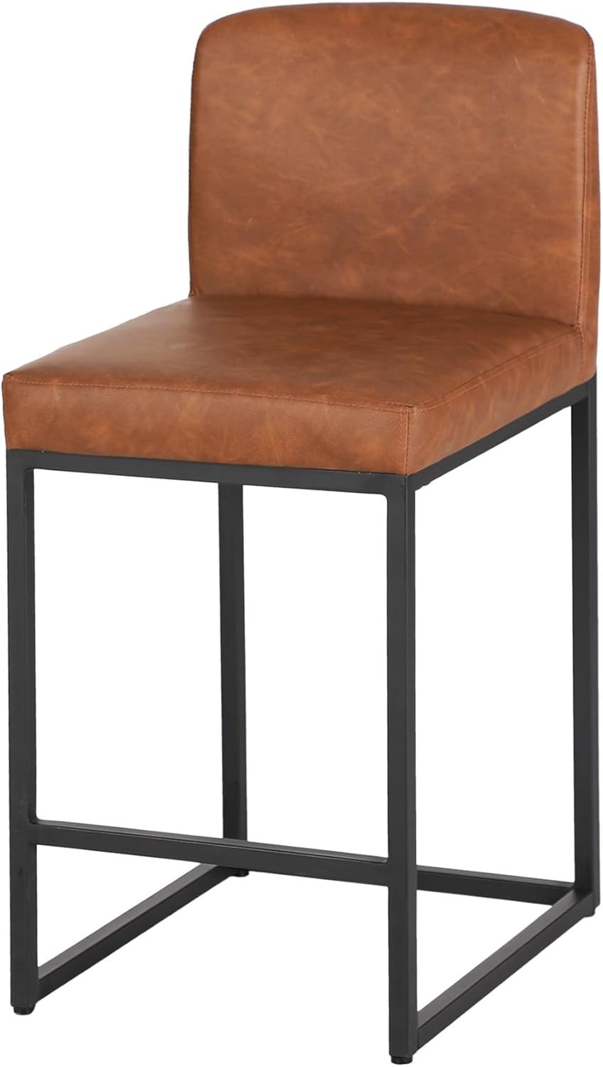 Brown PU Leather Bar Stool Square Cushioned Kitchen Counter Chair with Back
