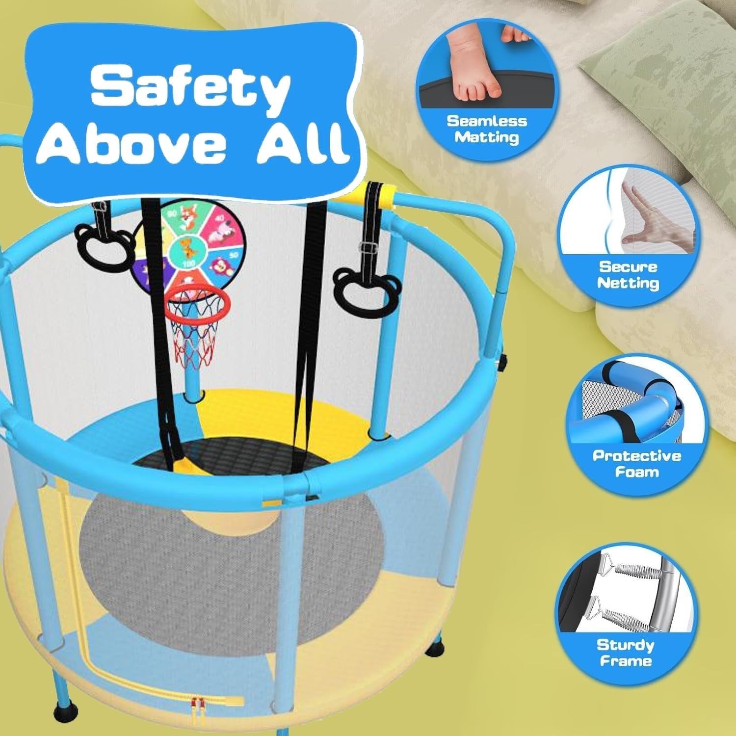 4-In-1 Kids Trampoline with Swing Bars Hoops Indoor Outdoor Playset