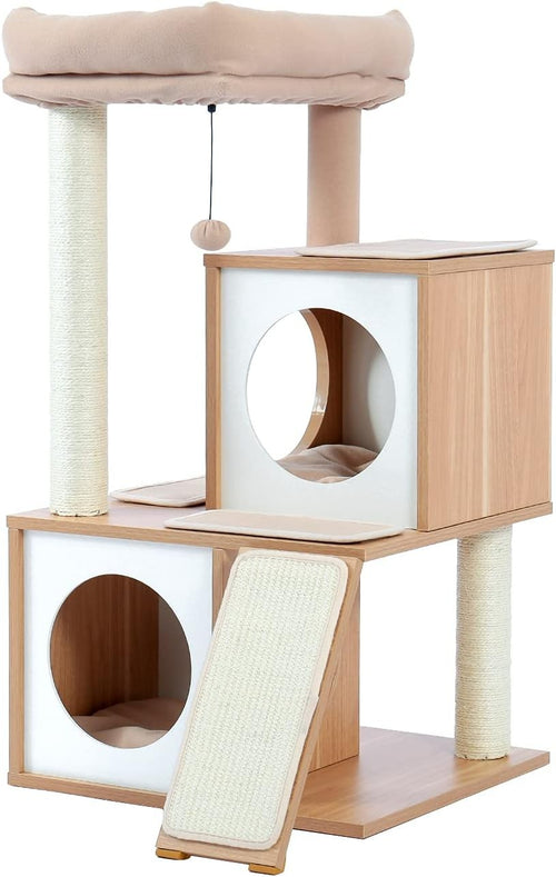 89cm Beige Wooden Cat Tree Tower Double Condo Sisal Scratching Posts