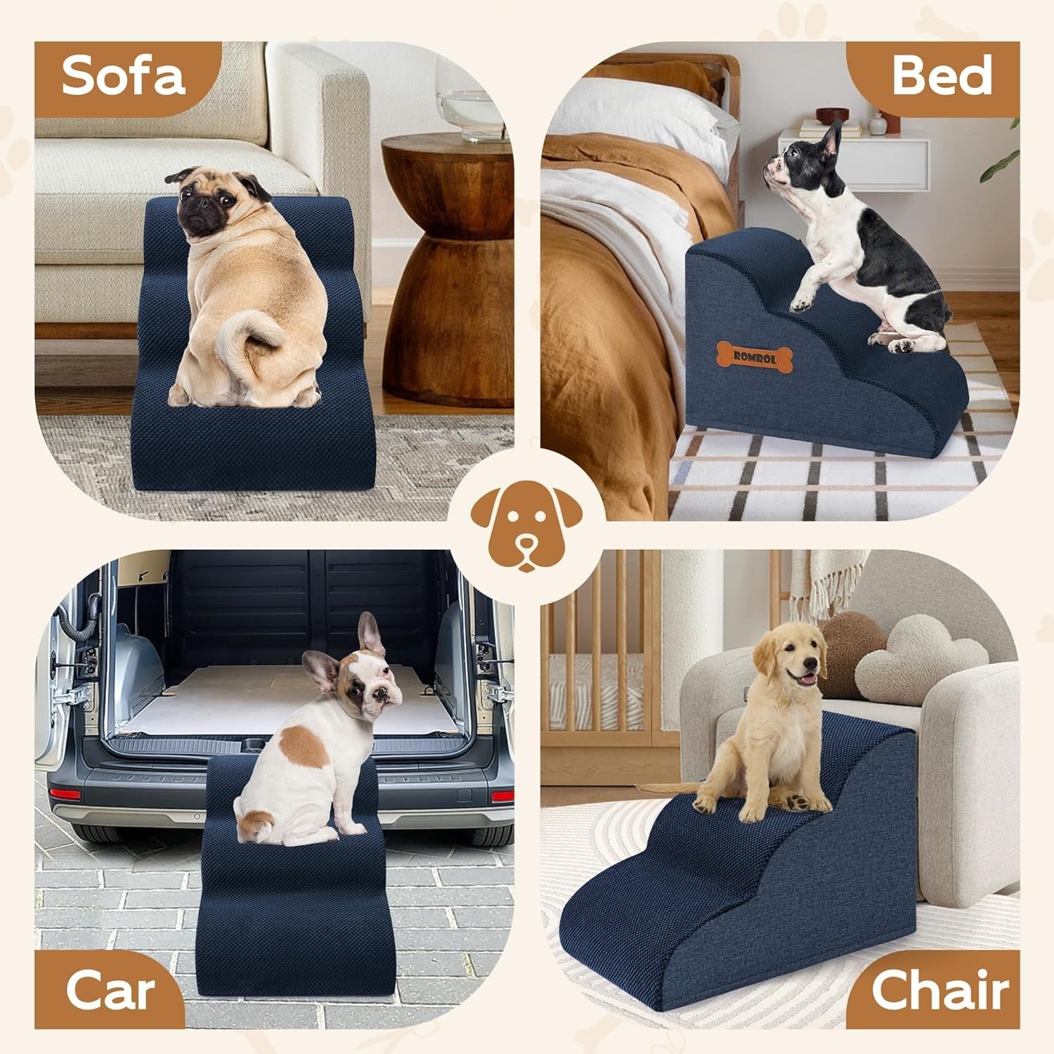 3 Step Dog Stairs Non Slip Pet Ramp for Bed Sofa Washable Navy