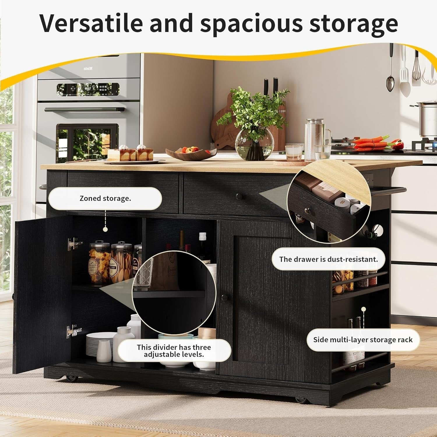 Kitchen Island Trolley with Foldable Side & Drawers Black 151.5x84.7x91.7cm