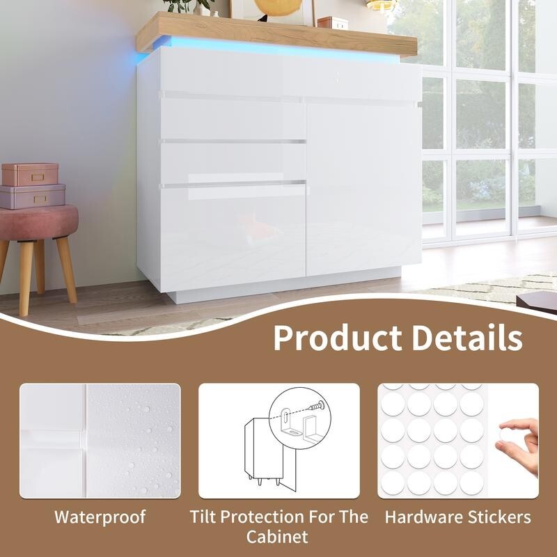 High Gloss Sideboard Cabinet with LED Lights, 2 Door 3 Drawer Storage
