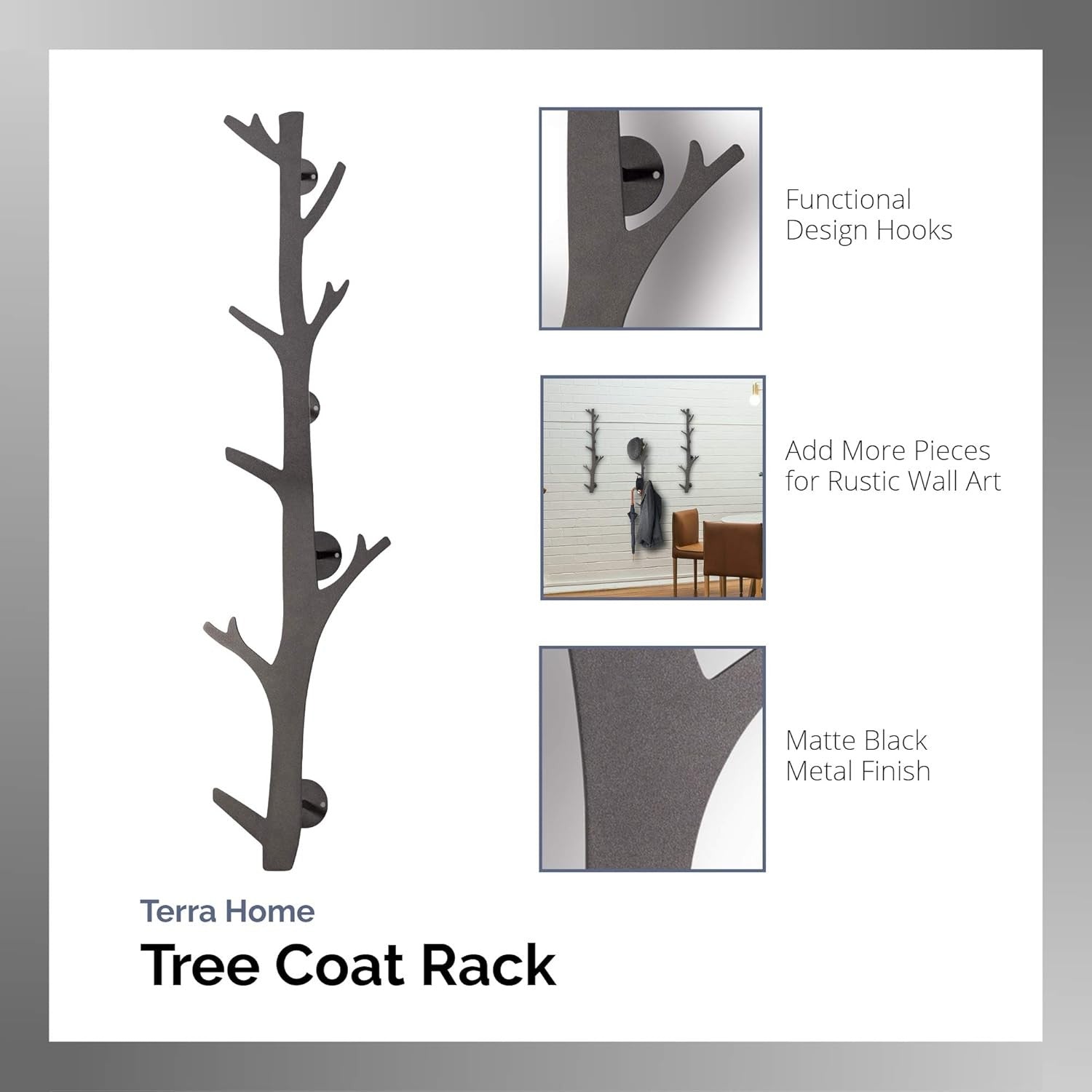 Black Metal Tree Branch Wall Mounted Coat Rack | 8 Hooks Modern Rustic