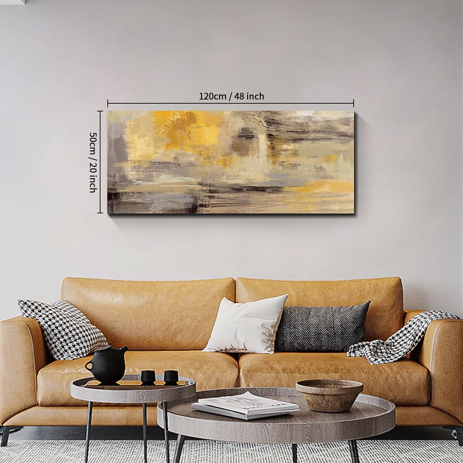 Large Abstract Canvas Wall Art Mustard Yellow Grey Framed 120x50cm