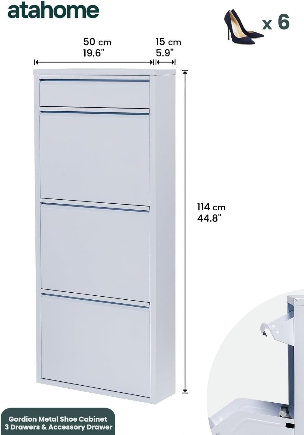 Slim Wall Mounted Shoe Cabinet 3+1 Drawer Metal Storage Rack 114cm White