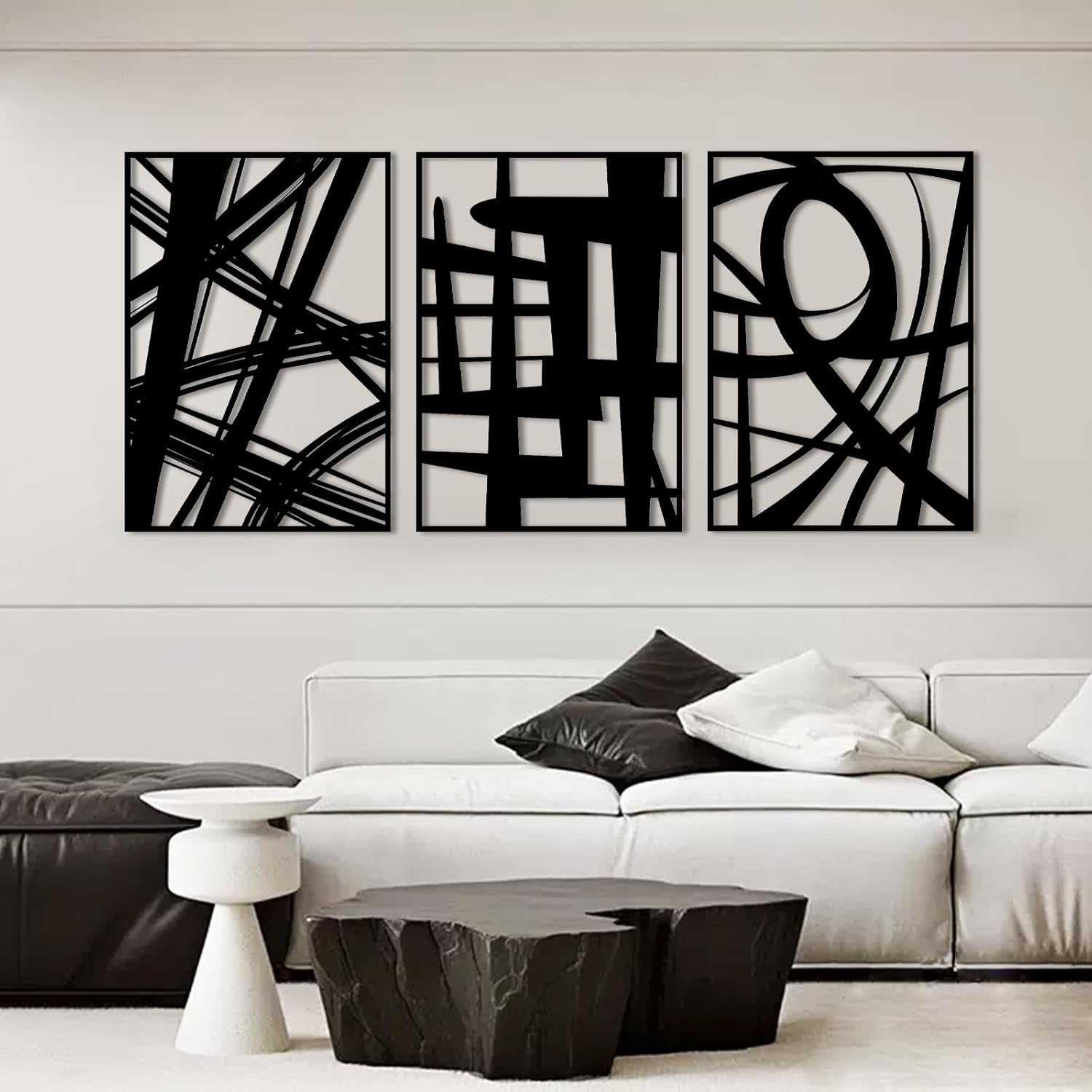 Black Metal Wall Art Set of 3 3D Abstract Panels 16x11in Modern