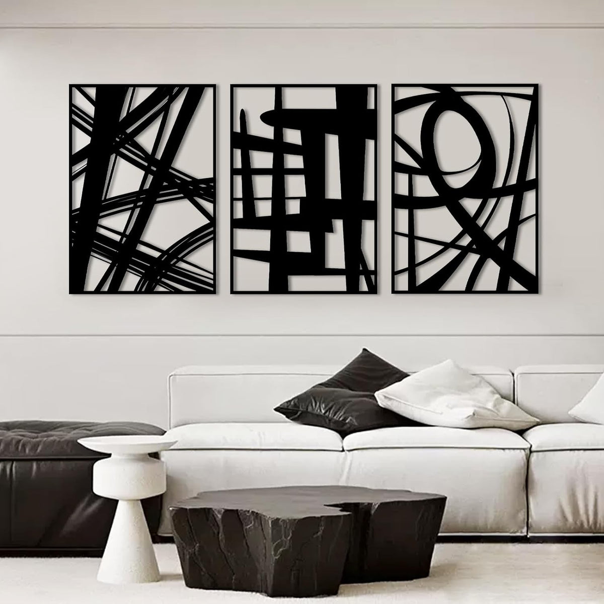 Black Metal Wall Art Set of 3 3D Abstract Panels 16x11in Modern