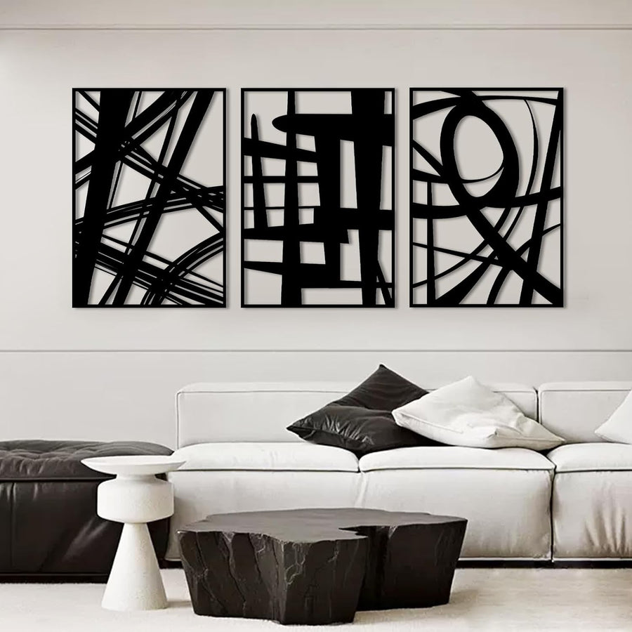 Black Metal Wall Art Set of 3 3D Abstract Panels 16x11in Modern