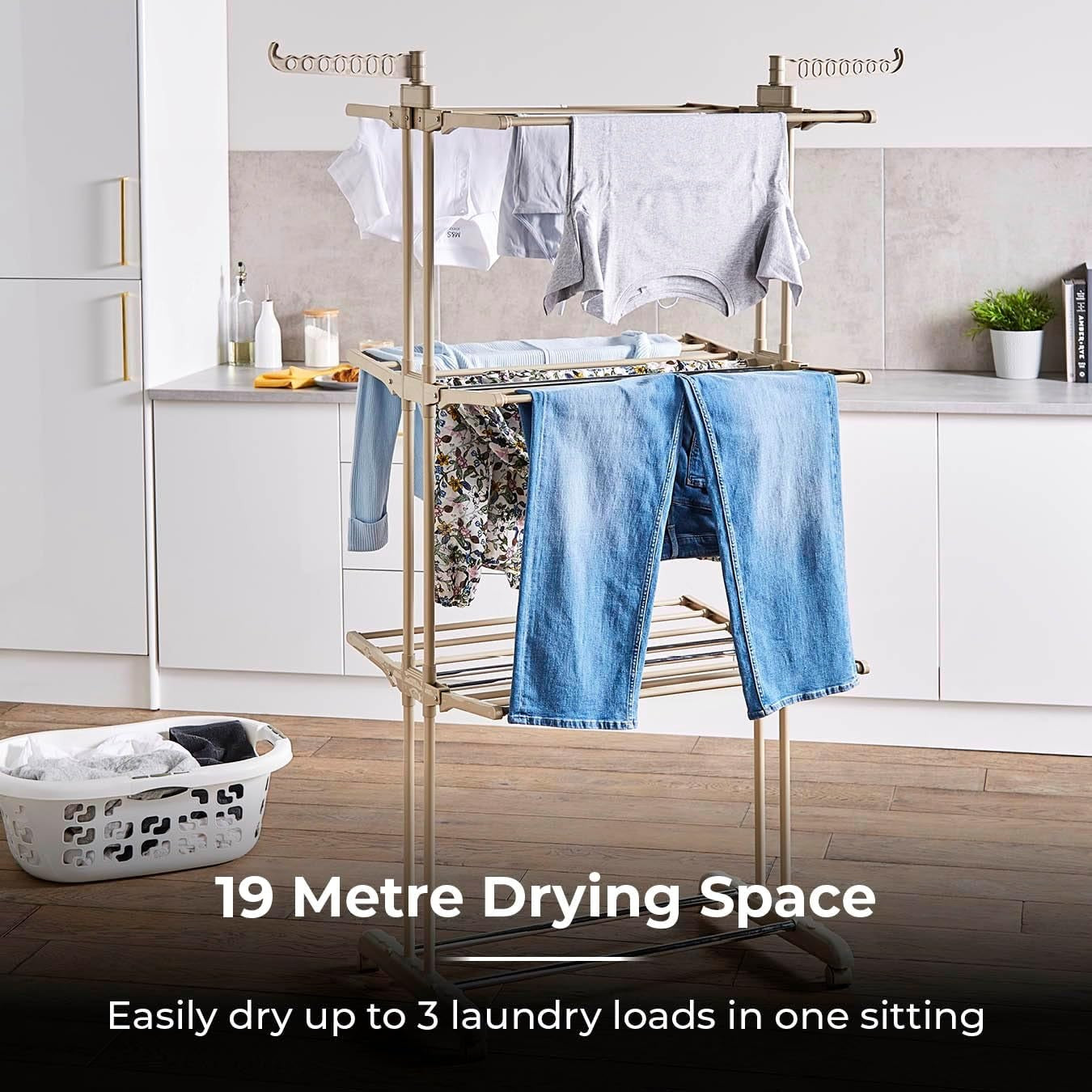4 Tier Clothes Airer Large Folding Laundry Drying Rack With Wheels 18m