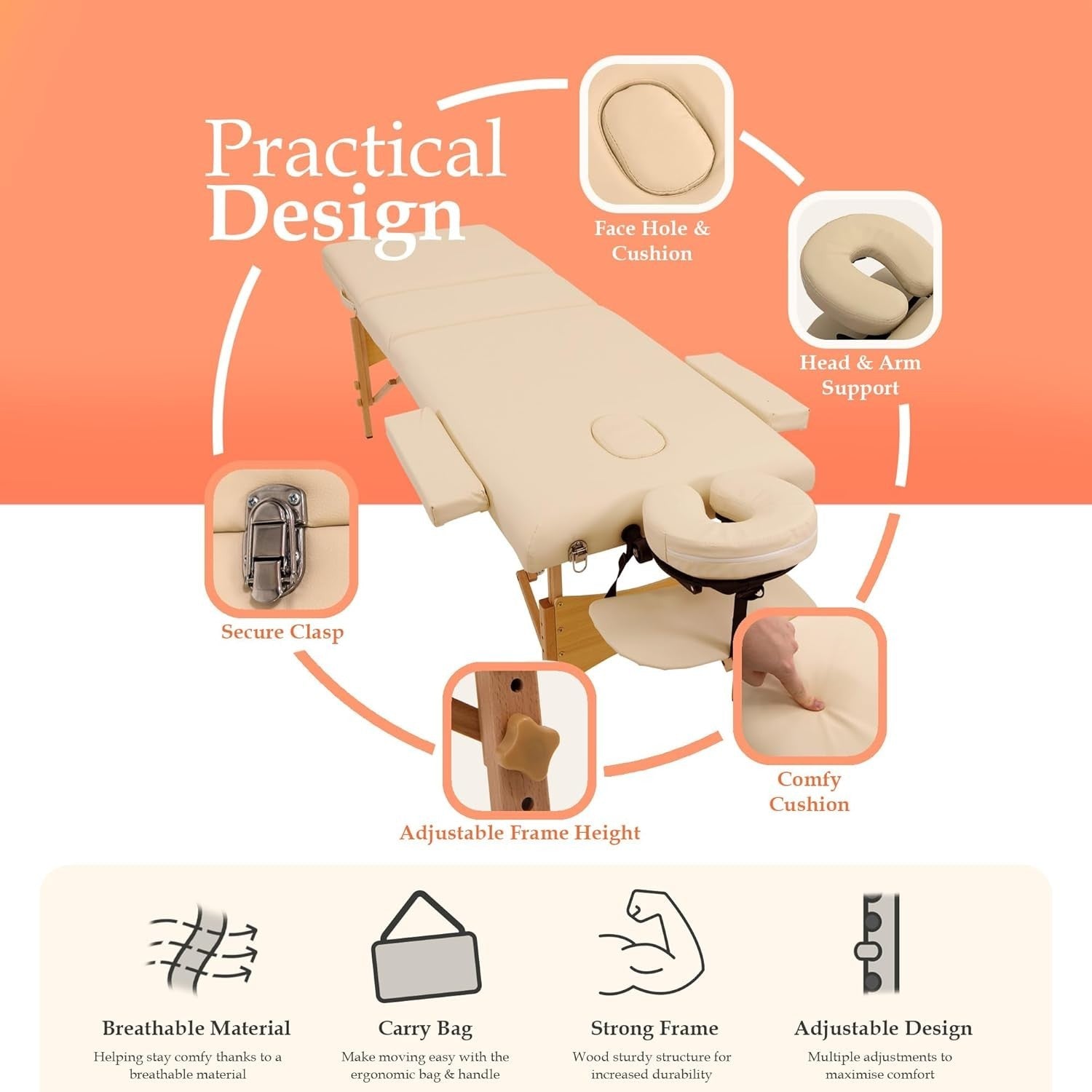 Portable Massage Table 3-Section Folding Therapy Bed w/ Backrest Cradle Ivory
