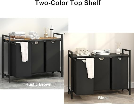 Rustic Brown 3 Section Laundry Hamper with Removable Bags & Wood Top Shelf