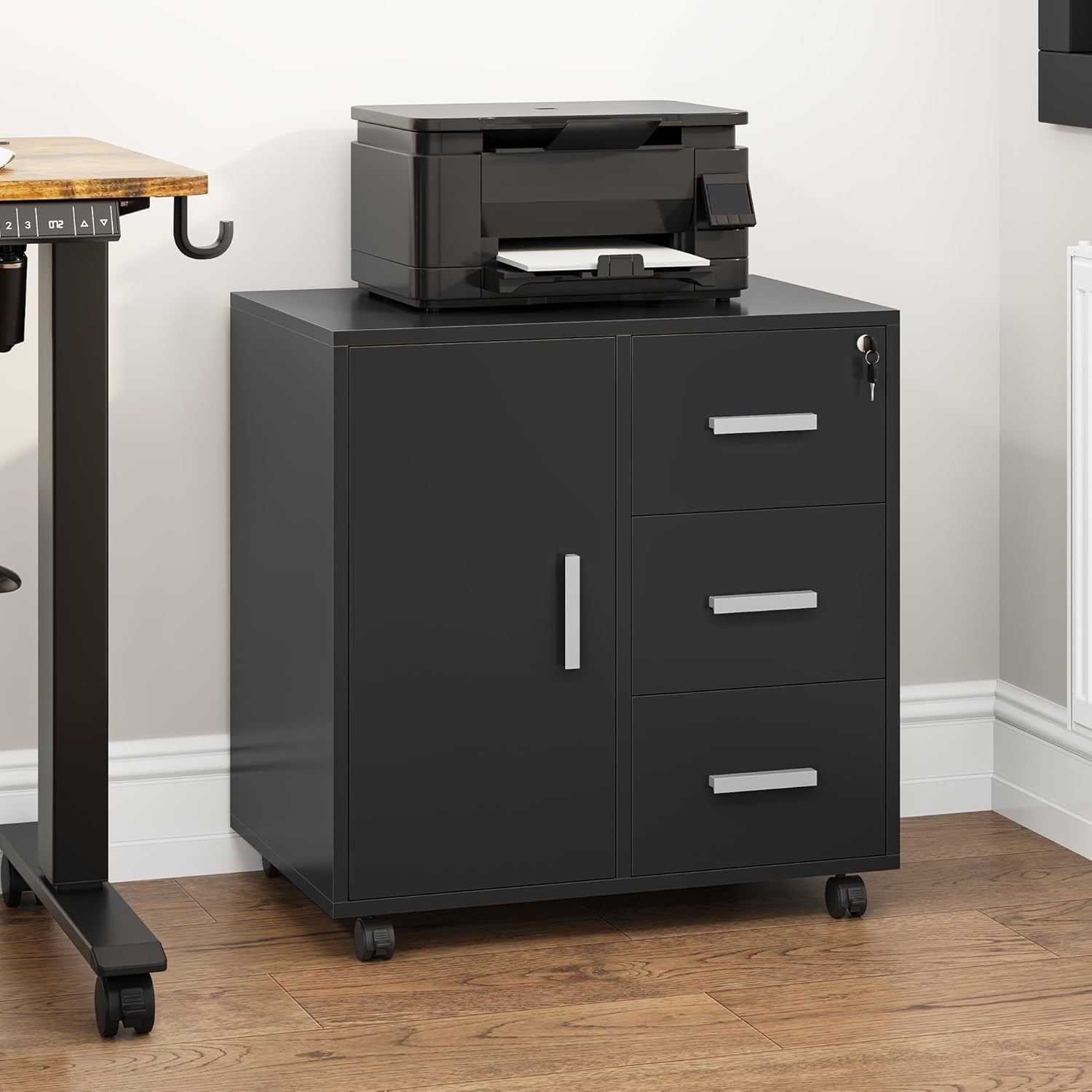 Locking Rolling Office Cabinet 3 Drawer Printer Stand Storage Unit Black