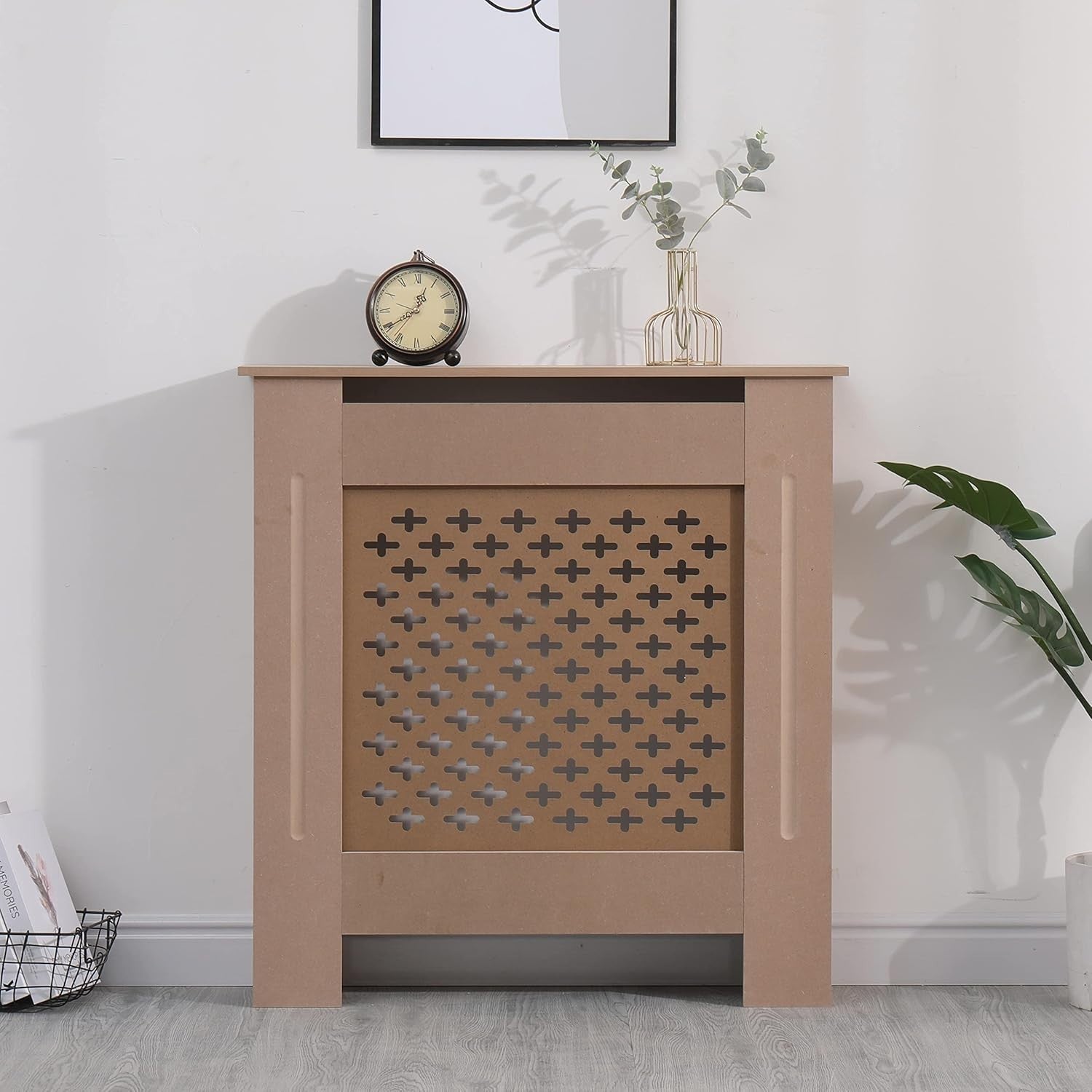 Small Rustic Radiator Cover | Unfinished Wood Cabinet with Pattern Grill