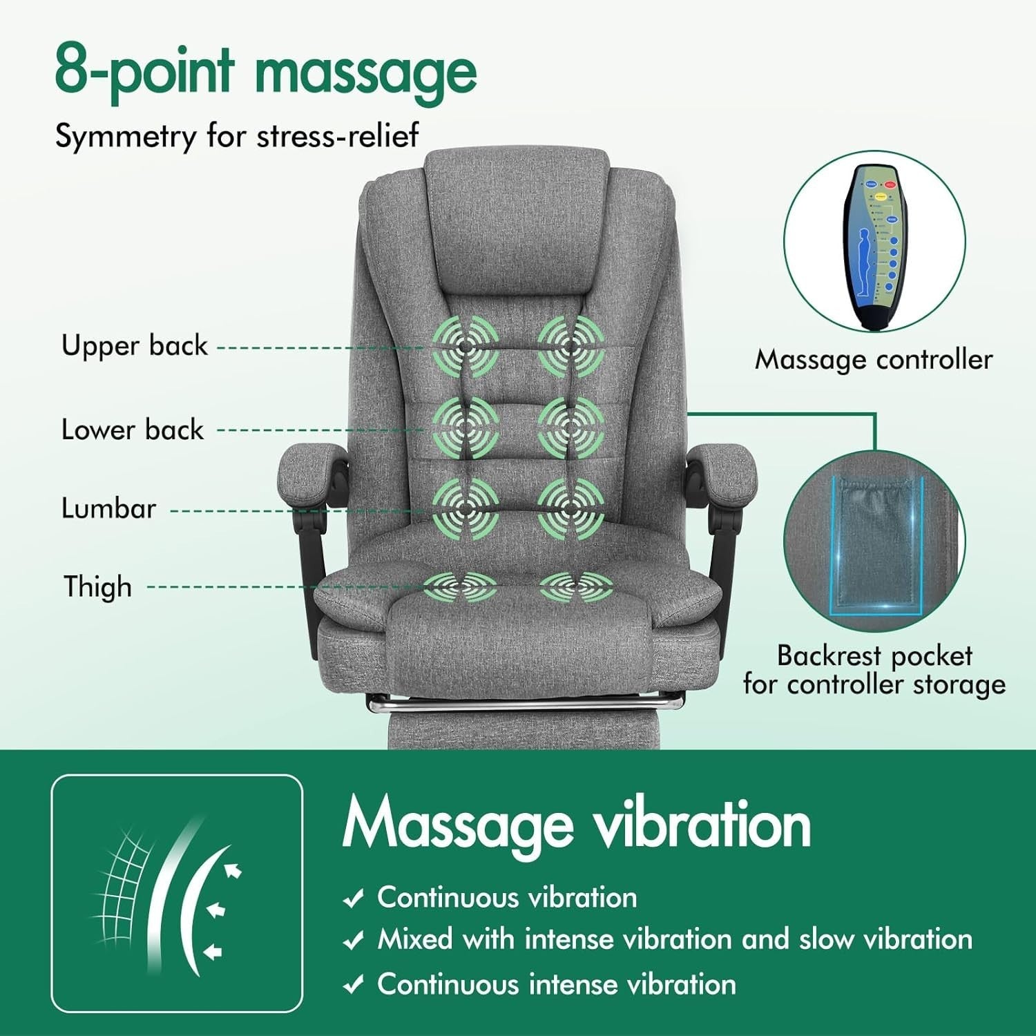 Office Gaming Chair Heated Massage Linen Fabric Reclining Swivel Desk Seat Grey