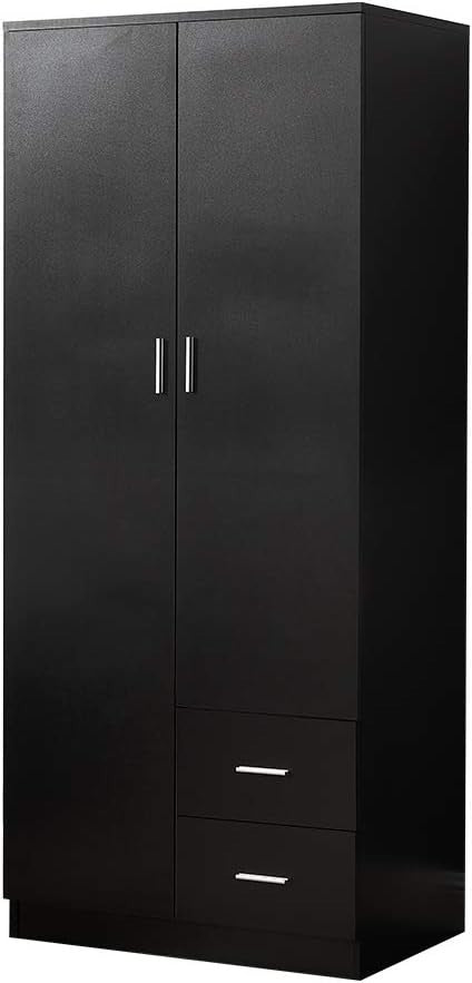 Modern Black 2 Door Wardrobe with 2 Drawers & Hanging Space Bedroom Storage