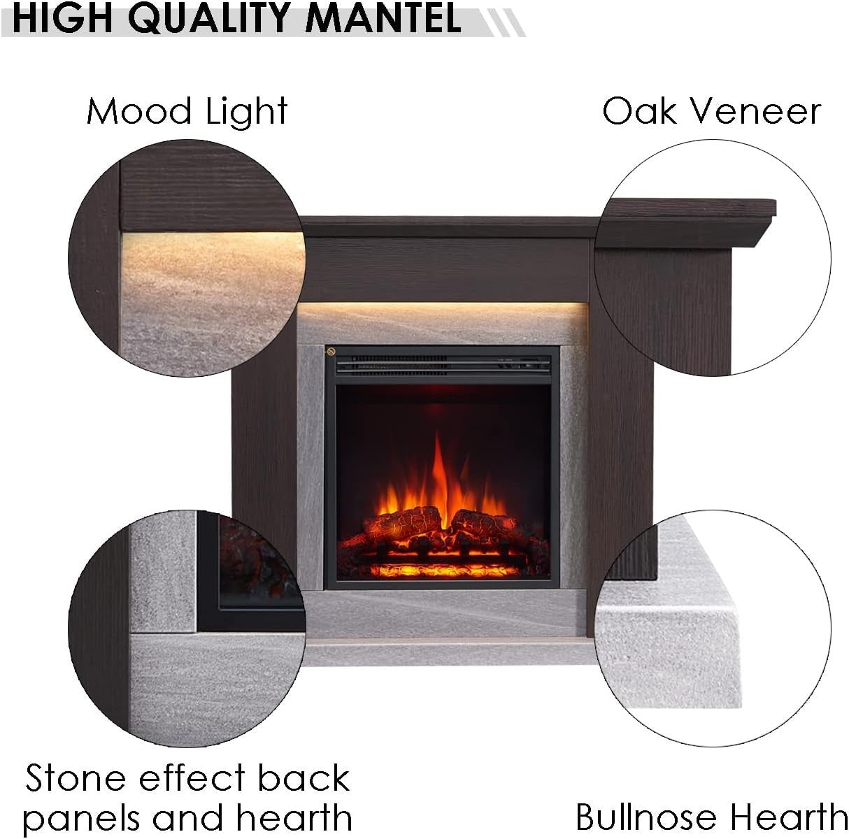 35" Electric Fireplace Heater with LED Flame, Remote Control & Oak Finish