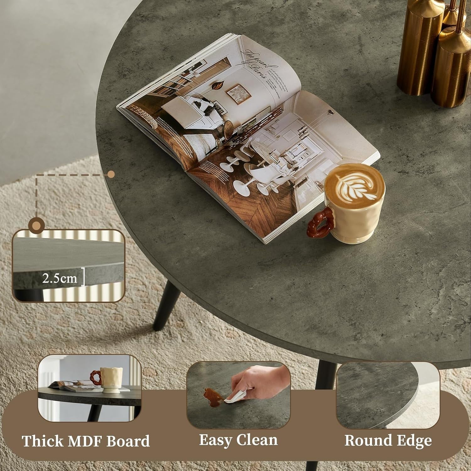 Round Grey Marble Dining Table Set with 2 Grey Faux Suede Chairs Kitchen