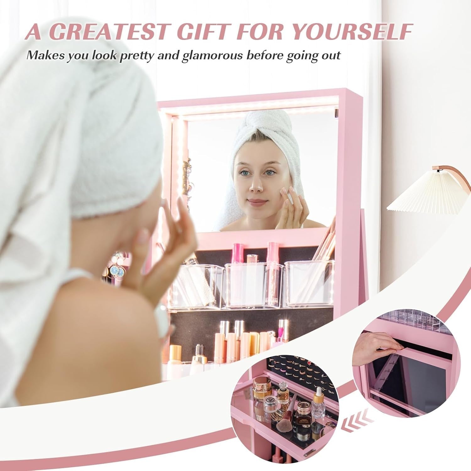 Pink 360° Swivel LED Jewelry Cabinet Mirror Lockable 3-Color Storage