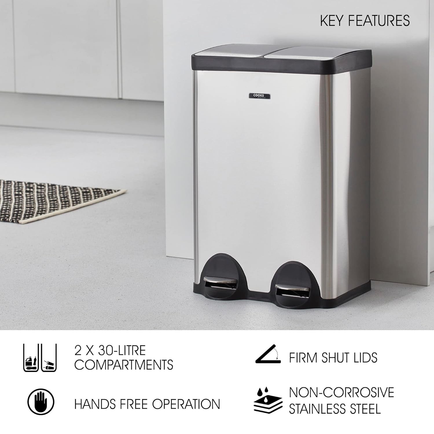 60L Dual Pedal Recycling Bin 2x30L Stainless Steel Soft Close