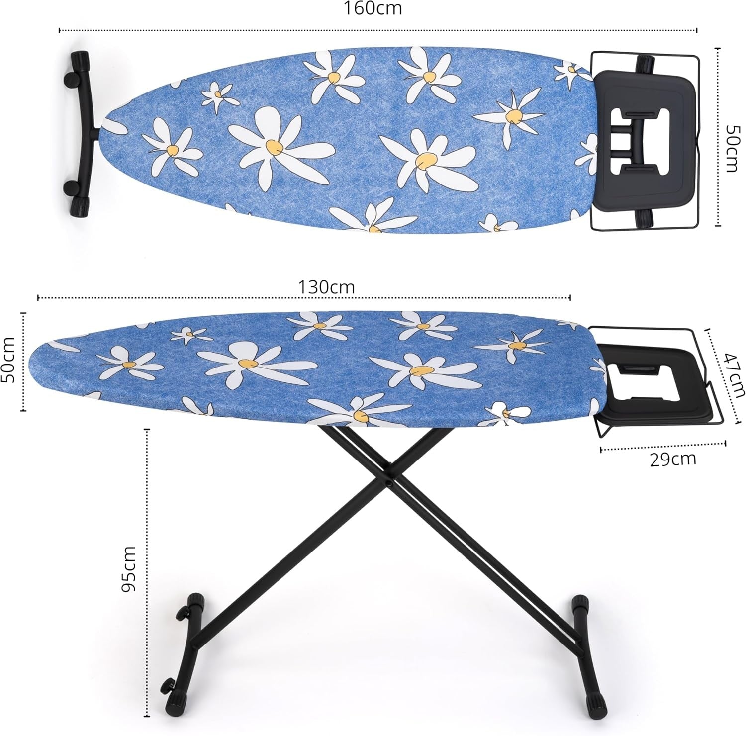 Extra Wide Ironing Board 130x50cm Heavy Duty Adjustable Height Stable