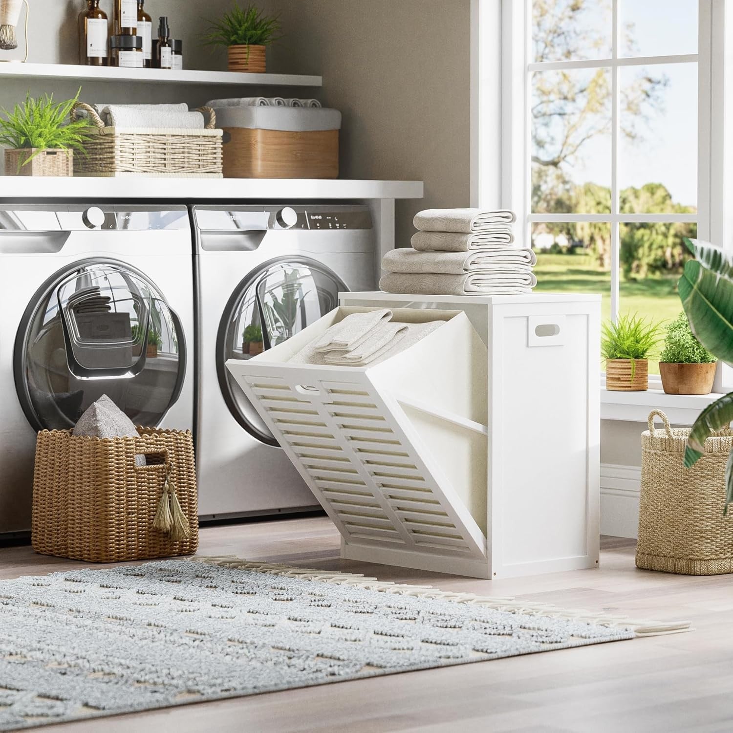 White Bamboo Tilt Out Laundry Hamper Cabinet with Hidden Basket Storage