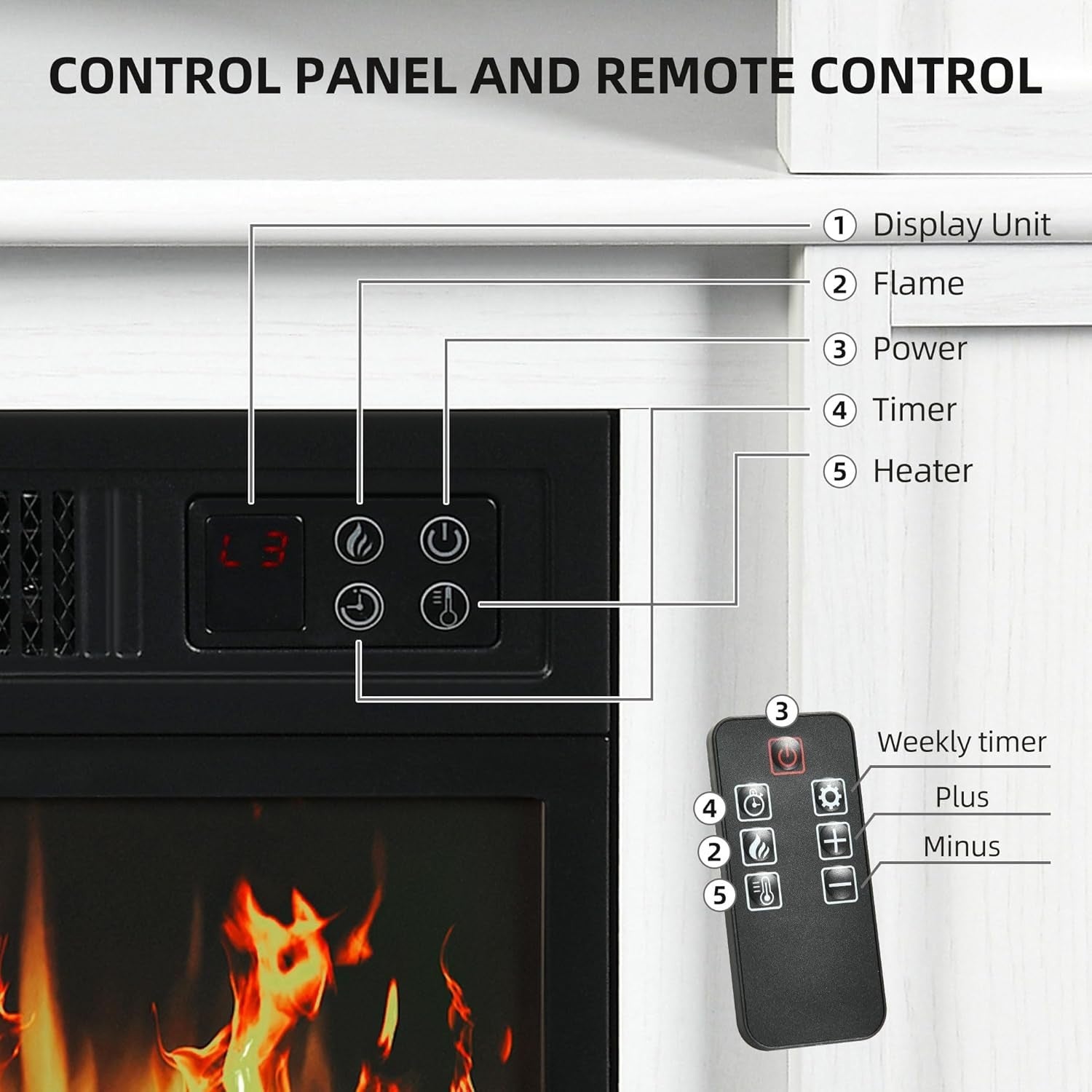 18" Freestanding Electric Fireplace Heater LED Flame 16-Color Light Timer