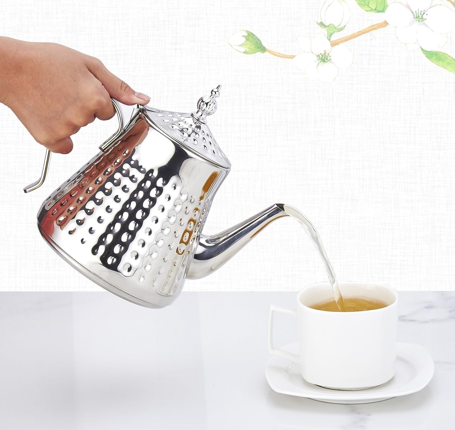 Stainless Steel Teapot 40oz 1.2L Tea Pot w/ Infuser Hammered Finish